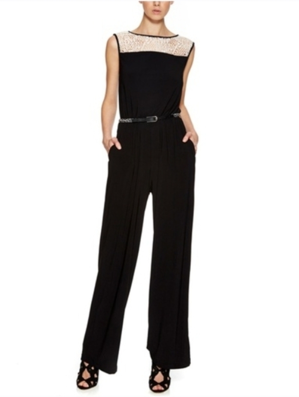 Emma & Michele Crochet Lace Sleeveless Knit Jumpsuit W/Pockets | Large